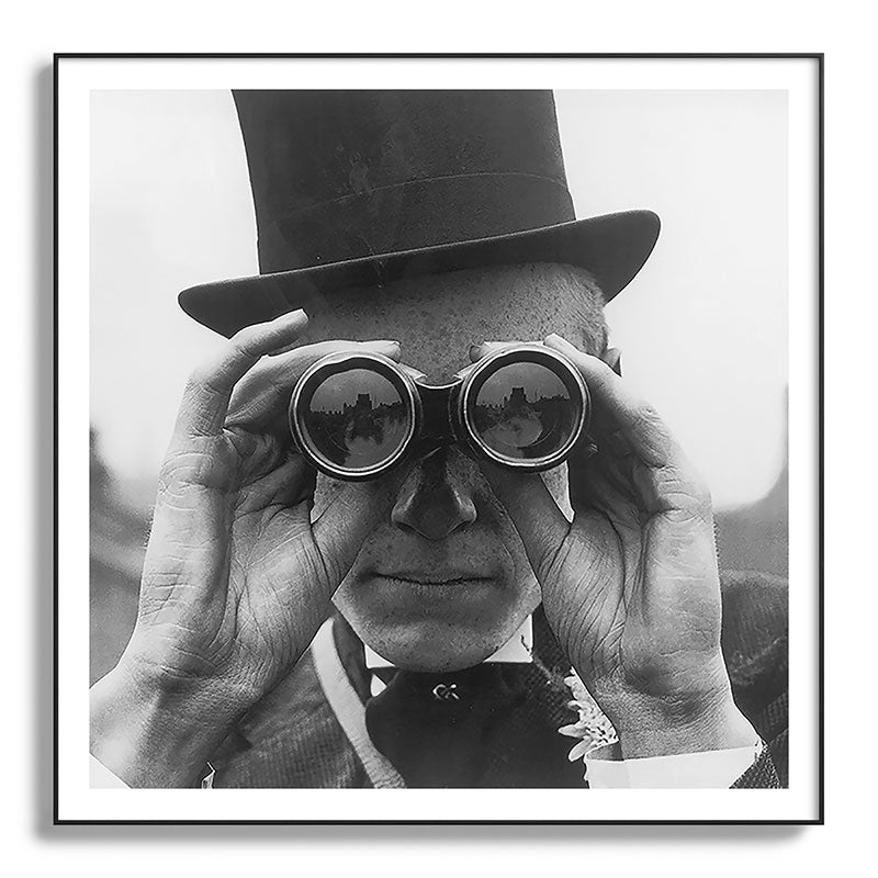 Derby Spectator watching ponies with opera glasses black and white photograph - photography - photographs Framed Art Print Gallery Image 130