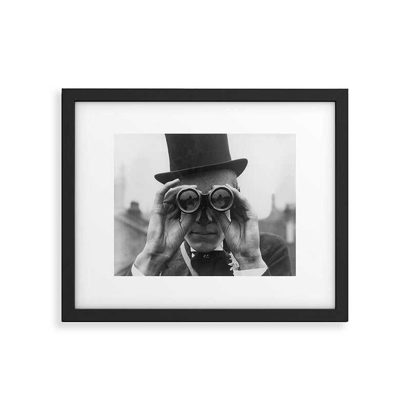 Derby Spectator watching ponies with opera glasses black and white photograph - photography - photographs Framed Art Print Gallery Image 1