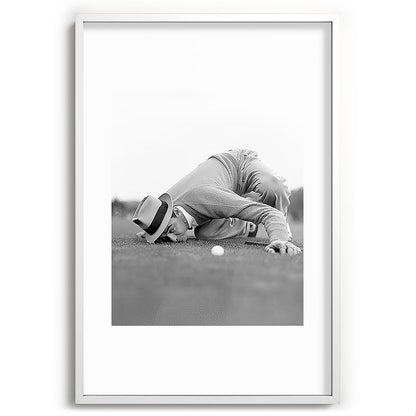 Eye to the ground on the 18th hole; golfing man eyes ball to measure distance to hole vintage black and white portrait photograph - photography - photographs poster Framed Art Print Gallery Image 110