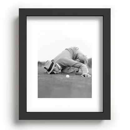 Eye to the ground on the 18th hole; golfing man eyes ball to measure distance to hole vintage black and white portrait photograph - photography - photographs poster Framed Art Print Gallery Image 78