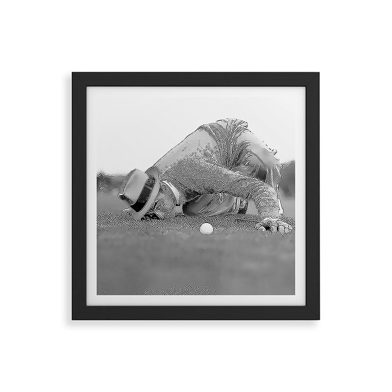 Eye to the ground on the 18th hole; golfing man eyes ball to measure distance to hole vintage black and white portrait photograph - photography - photographs poster Framed Art Print Gallery Image 50