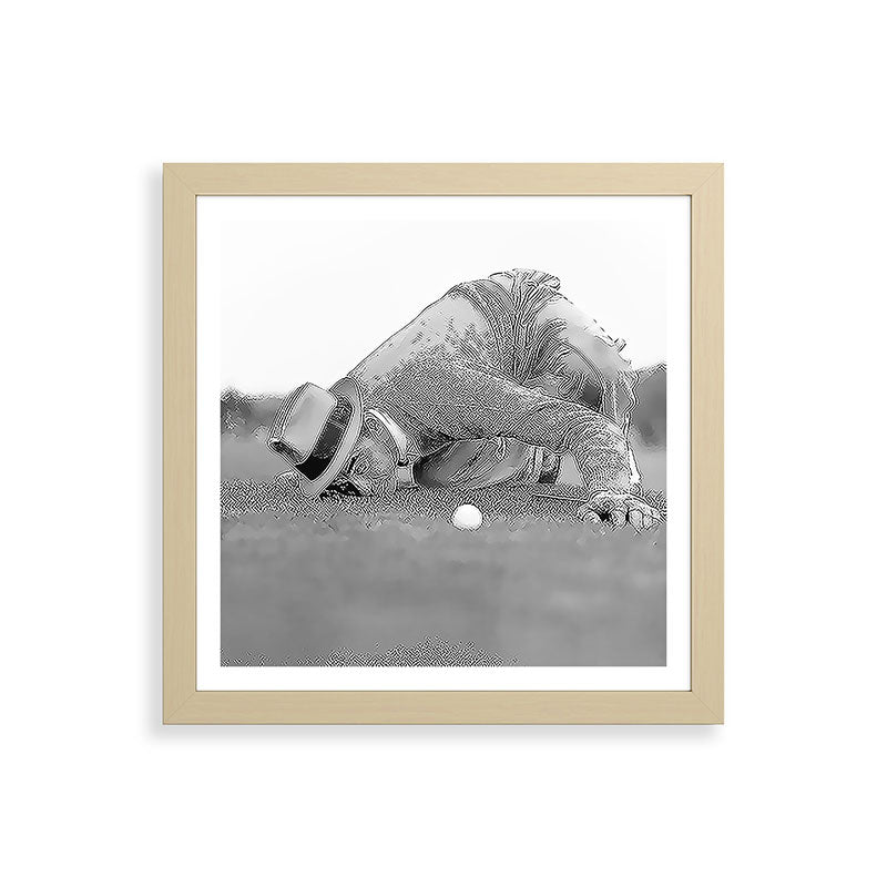 Eye to the ground on the 18th hole; golfing man eyes ball to measure distance to hole vintage black and white portrait photograph - photography - photographs poster Framed Art Print Gallery Image 71