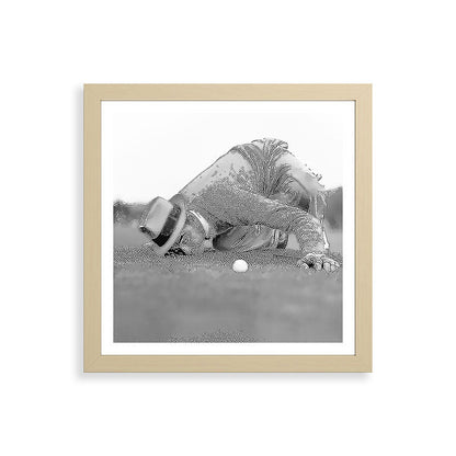 Eye to the ground on the 18th hole; golfing man eyes ball to measure distance to hole vintage black and white portrait photograph - photography - photographs poster Framed Art Print Gallery Image 71