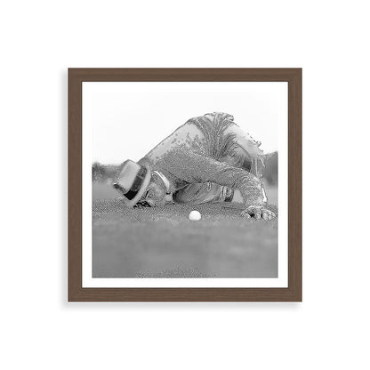 Eye to the ground on the 18th hole; golfing man eyes ball to measure distance to hole vintage black and white portrait photograph - photography - photographs poster Framed Art Print Gallery Image 60