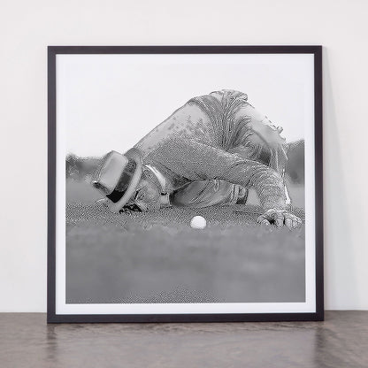 Eye to the ground on the 18th hole; golfing man eyes ball to measure distance to hole vintage black and white portrait photograph - photography - photographs poster Framed Art Print Gallery Image 55