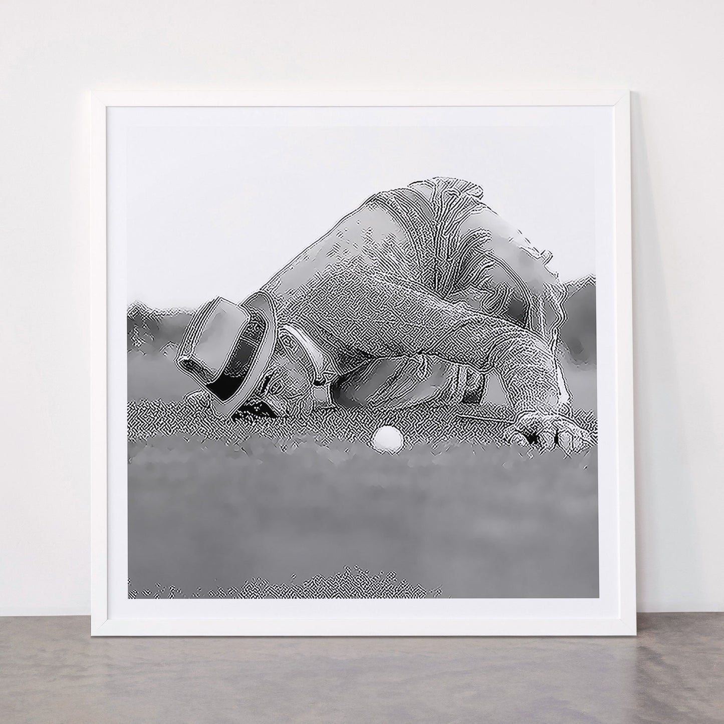 Eye to the ground on the 18th hole; golfing man eyes ball to measure distance to hole vintage black and white portrait photograph - photography - photographs poster Framed Art Print Gallery Image 87