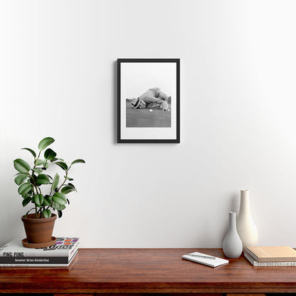 Eye to the ground on the 18th hole; golfing man eyes ball to measure distance to hole vintage black and white portrait photograph - photography - photographs poster Framed Art Print Gallery Image 4