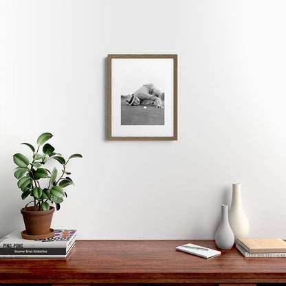 Eye to the ground on the 18th hole; golfing man eyes ball to measure distance to hole vintage black and white portrait photograph - photography - photographs poster Framed Art Print Gallery Image 15