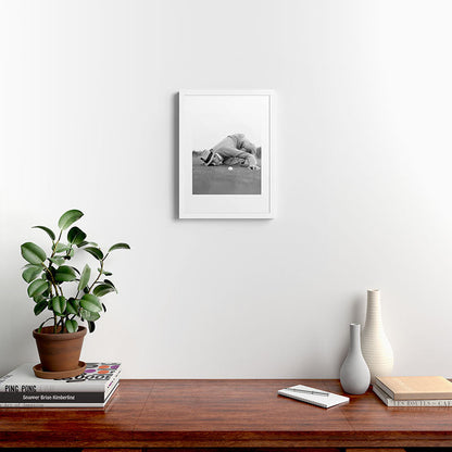 Eye to the ground on the 18th hole; golfing man eyes ball to measure distance to hole vintage black and white portrait photograph - photography - photographs poster Framed Art Print Gallery Image 32