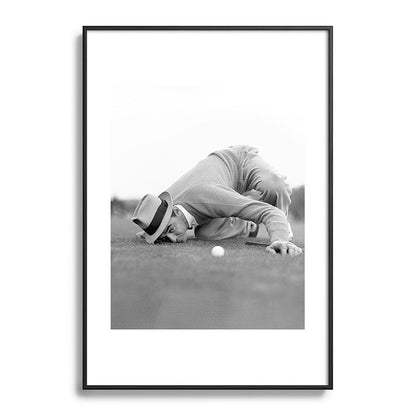 Eye to the ground on the 18th hole; golfing man eyes ball to measure distance to hole vintage black and white portrait photograph - photography - photographs poster Framed Art Print Gallery Image 113