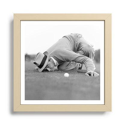 Eye to the ground on the 18th hole; golfing man eyes ball to measure distance to hole vintage black and white portrait photograph - photography - photographs poster Framed Art Print Gallery Image 24