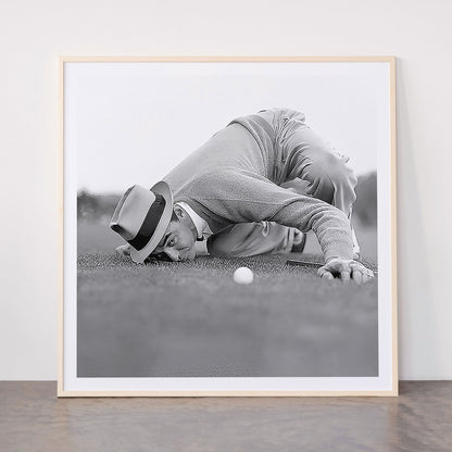 Eye to the ground on the 18th hole; golfing man eyes ball to measure distance to hole vintage black and white portrait photograph - photography - photographs poster Framed Art Print Gallery Image 33
