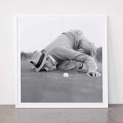 Eye to the ground on the 18th hole; golfing man eyes ball to measure distance to hole vintage black and white portrait photograph - photography - photographs poster Framed Art Print Gallery Image 43
