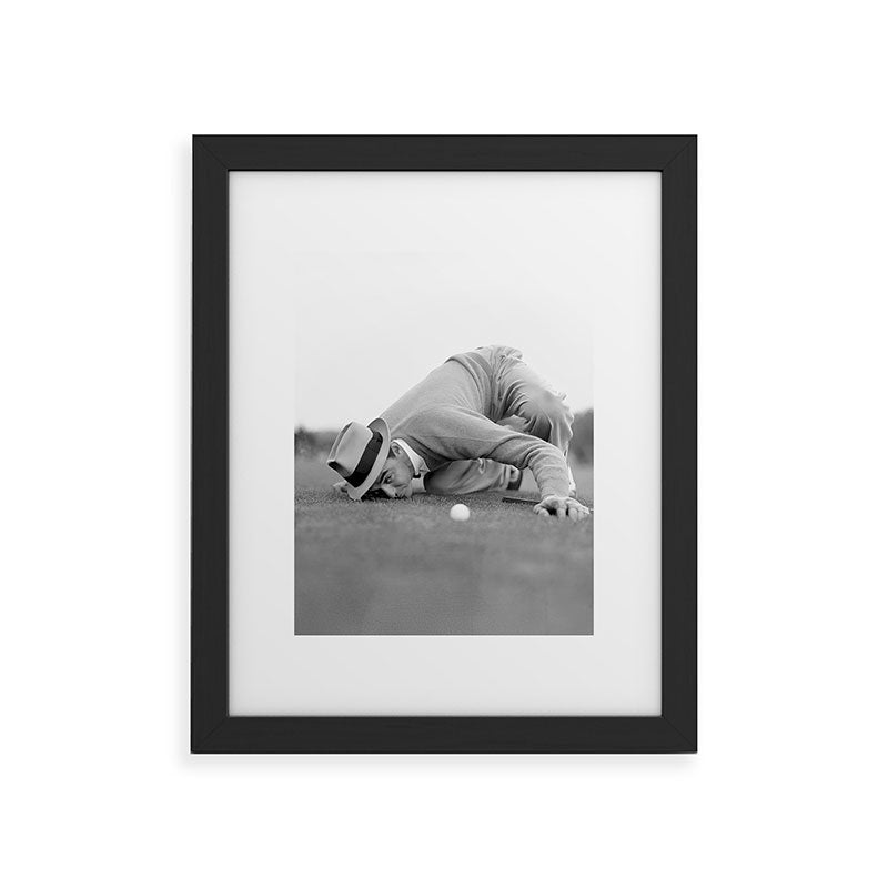 Eye to the ground on the 18th hole; golfing man eyes ball to measure distance to hole vintage black and white portrait photograph - photography - photographs poster Framed Art Print Gallery Image 40