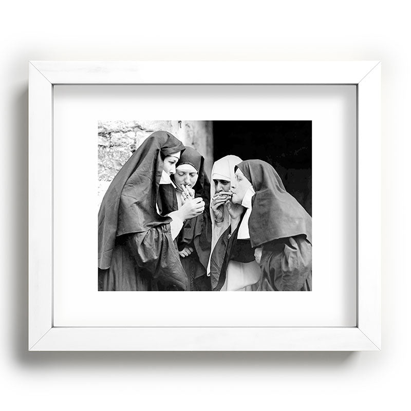 Nuns smoking black and white photograph - photography - photographs portrait for home and wall decor Framed Art Print Gallery Image 103