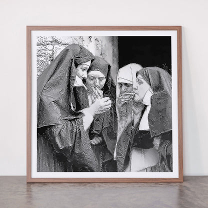 Nuns smoking black and white photograph - photography - photographs portrait for home and wall decor Framed Art Print Gallery Image 66