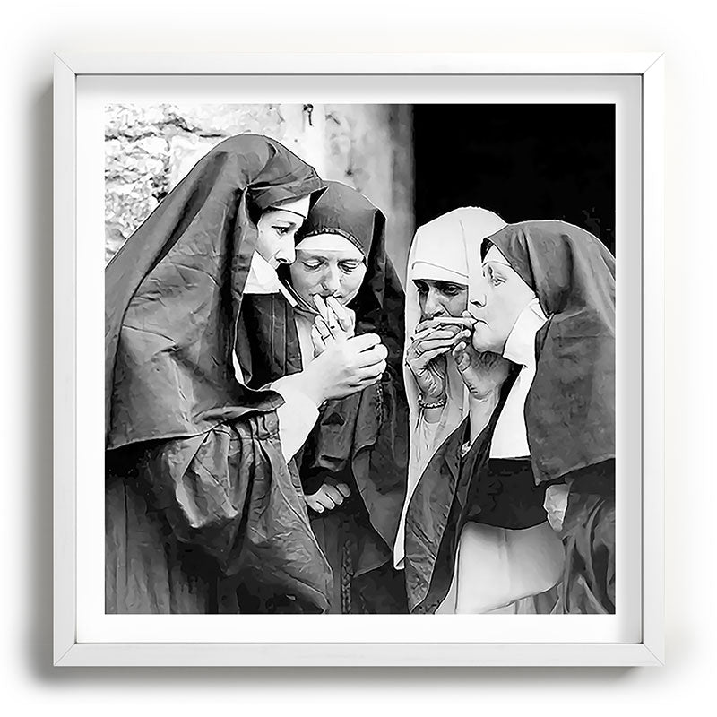 Nuns smoking black and white photograph - photography - photographs portrait for home and wall decor Framed Art Print Gallery Image 118