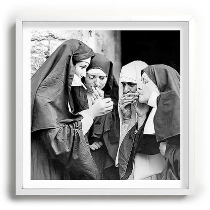 Nuns smoking black and white photograph - photography - photographs portrait for home and wall decor Framed Art Print Gallery Image 118