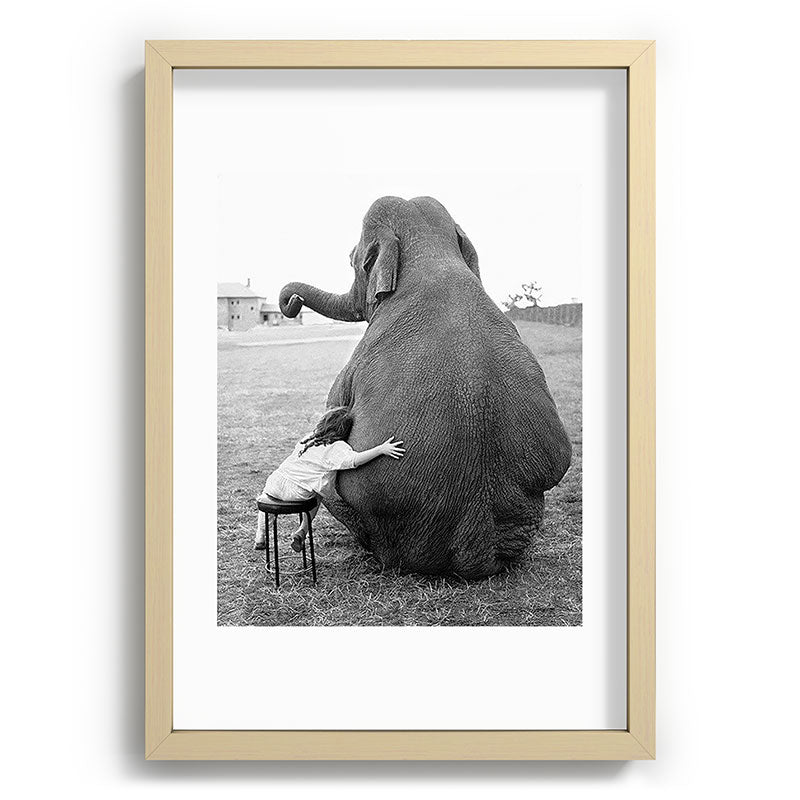 Odd Best Friends, Sweet Little Girl hugging elephant black and white photograph Framed Art Print Gallery Image 97