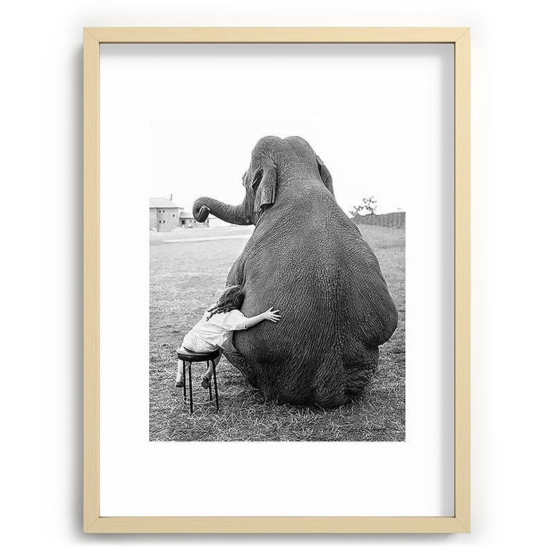 Odd Best Friends, Sweet Little Girl hugging elephant black and white photograph Framed Art Print Gallery Image 99