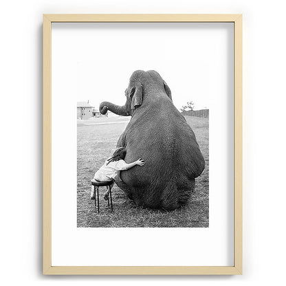 Odd Best Friends, Sweet Little Girl hugging elephant black and white photograph Framed Art Print Gallery Image 99