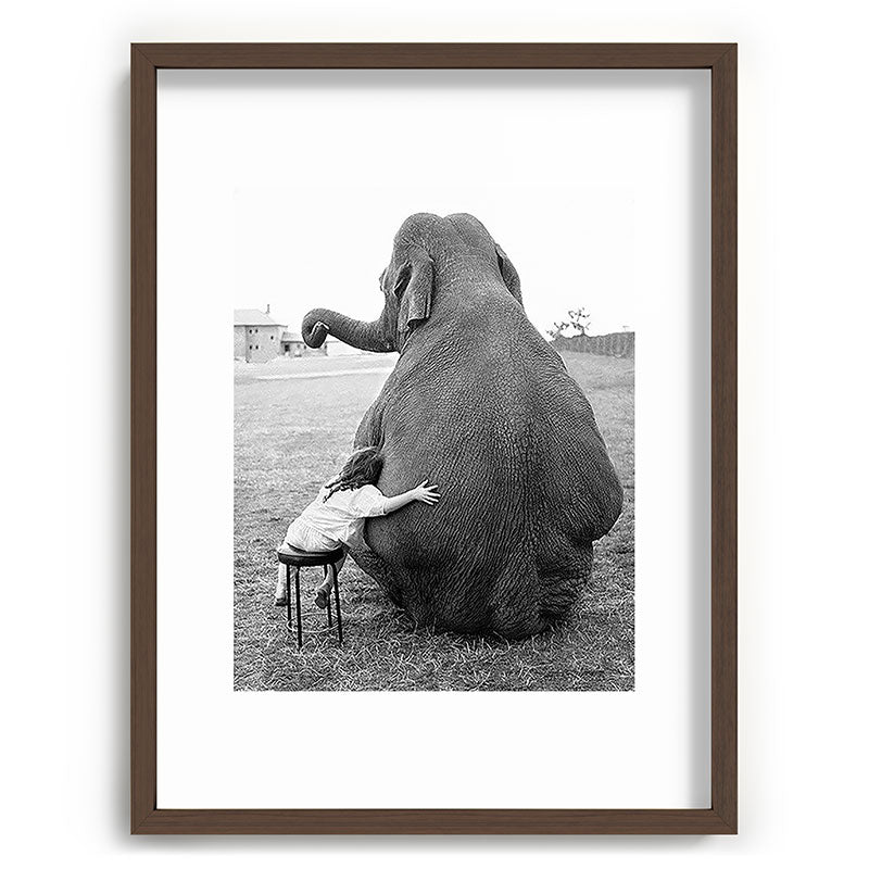Odd Best Friends, Sweet Little Girl hugging elephant black and white photograph Framed Art Print Gallery Image 92