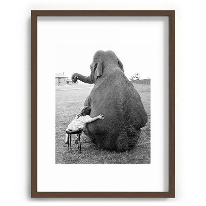 Odd Best Friends, Sweet Little Girl hugging elephant black and white photograph Framed Art Print Gallery Image 91