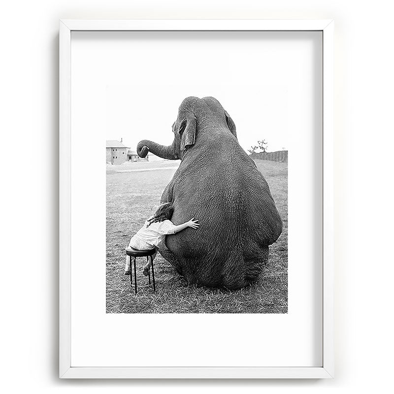 Odd Best Friends, Sweet Little Girl hugging elephant black and white photograph Framed Art Print Gallery Image 107