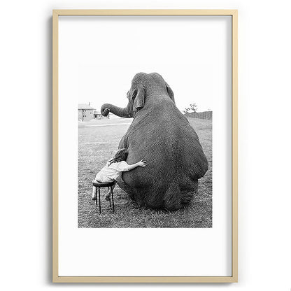 Odd Best Friends, Sweet Little Girl hugging elephant black and white photograph Framed Art Print Gallery Image 102