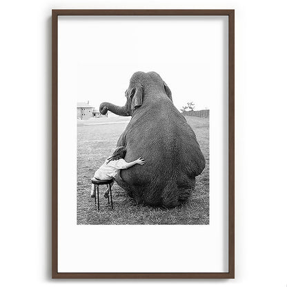 Odd Best Friends, Sweet Little Girl hugging elephant black and white photograph Framed Art Print Gallery Image 94