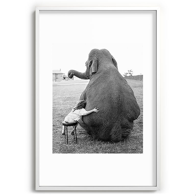 Odd Best Friends, Sweet Little Girl hugging elephant black and white photograph Framed Art Print Gallery Image 110