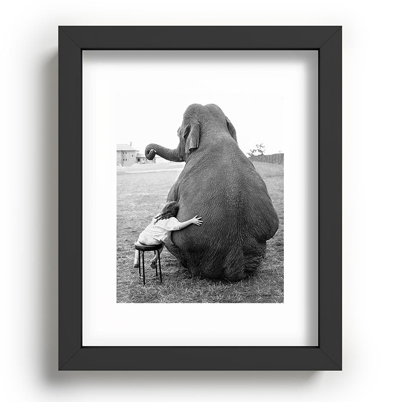 Odd Best Friends, Sweet Little Girl hugging elephant black and white photograph Framed Art Print Gallery Image 78