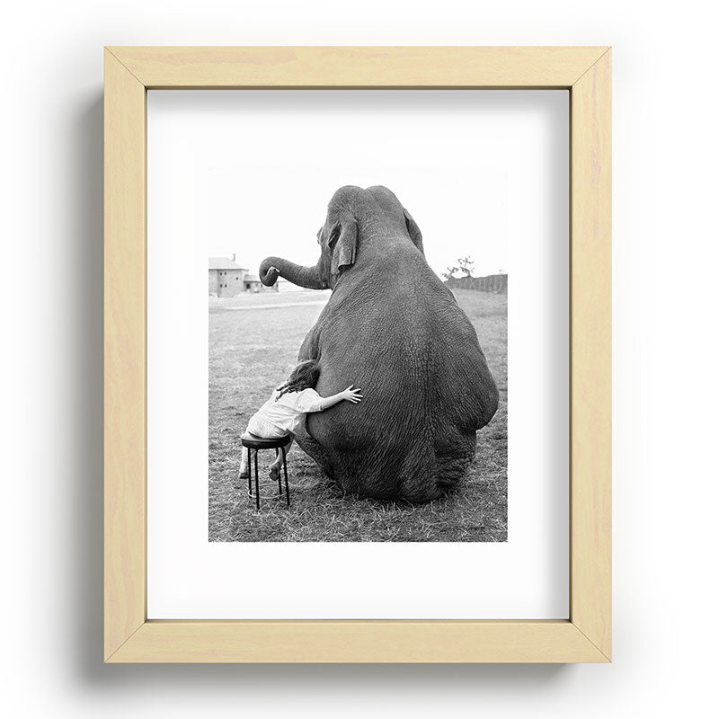 Odd Best Friends, Sweet Little Girl hugging elephant black and white photograph Framed Art Print Gallery Image 95