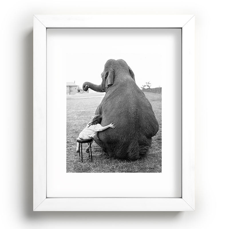 Odd Best Friends, Sweet Little Girl hugging elephant black and white photograph Framed Art Print Gallery Image 103
