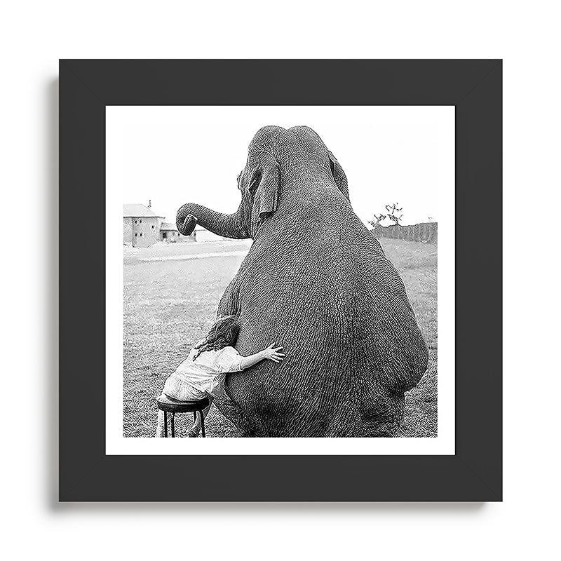 Odd Best Friends, Sweet Little Girl hugging elephant black and white photograph Framed Art Print Gallery Image 46
