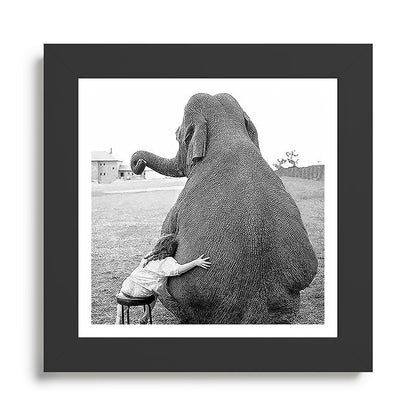 Odd Best Friends, Sweet Little Girl hugging elephant black and white photograph Framed Art Print Gallery Image 46