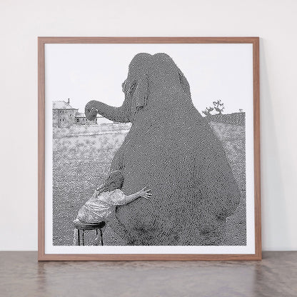 Odd Best Friends, Sweet Little Girl hugging elephant black and white photograph Framed Art Print Gallery Image 66
