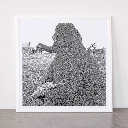 Odd Best Friends, Sweet Little Girl hugging elephant black and white photograph Framed Art Print Gallery Image 87