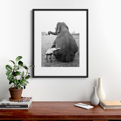Odd Best Friends, Sweet Little Girl hugging elephant black and white photograph Framed Art Print Gallery Image 9