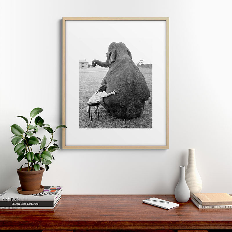 Odd Best Friends, Sweet Little Girl hugging elephant black and white photograph Framed Art Print Gallery Image 29