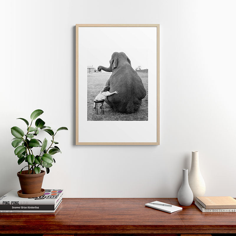 Odd Best Friends, Sweet Little Girl hugging elephant black and white photograph Framed Art Print Gallery Image 28