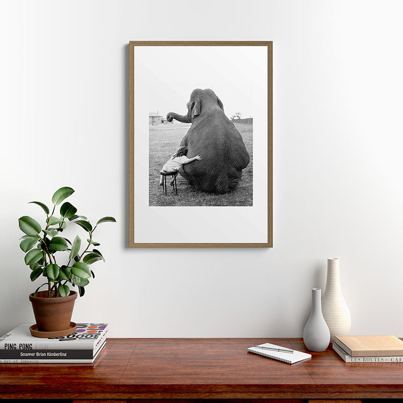 Odd Best Friends, Sweet Little Girl hugging elephant black and white photograph Framed Art Print Gallery Image 18