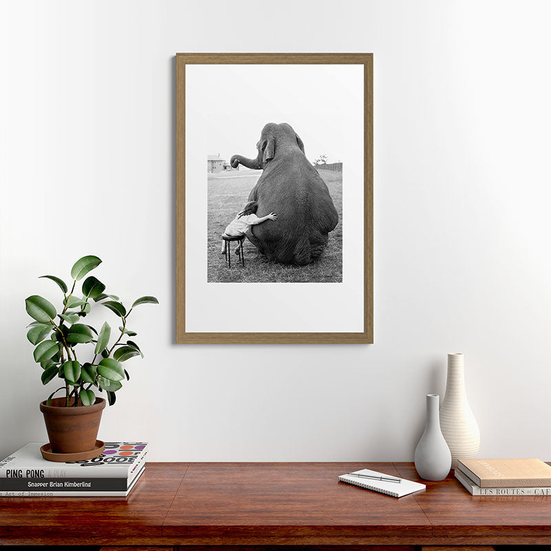Odd Best Friends, Sweet Little Girl hugging elephant black and white photograph Framed Art Print Gallery Image 56