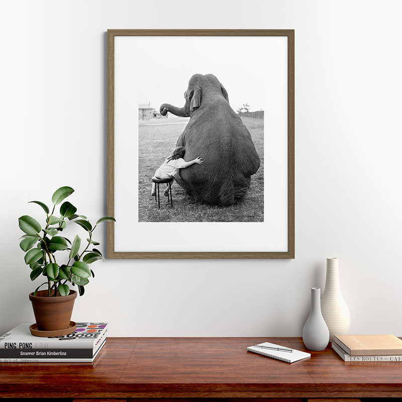 Odd Best Friends, Sweet Little Girl hugging elephant black and white photograph Framed Art Print Gallery Image 58