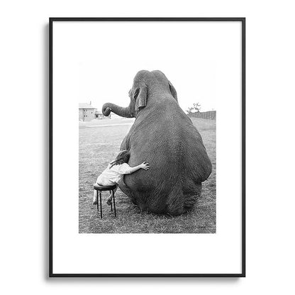 Odd Best Friends, Sweet Little Girl hugging elephant black and white photograph Framed Art Print Gallery Image 115
