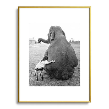 Odd Best Friends, Sweet Little Girl hugging elephant black and white photograph Framed Art Print Gallery Image 124