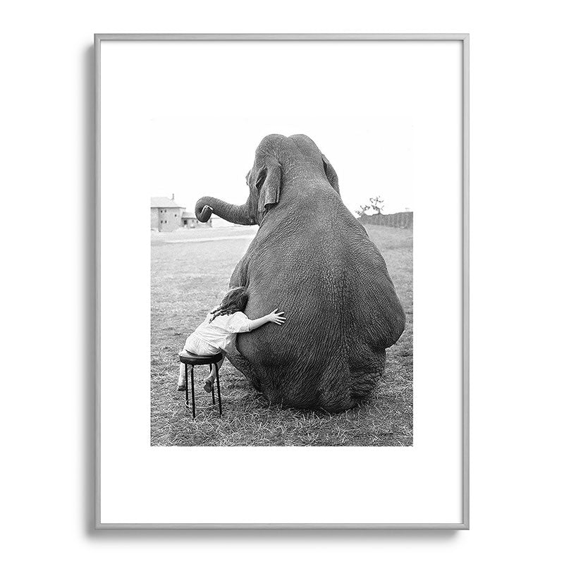 Odd Best Friends, Sweet Little Girl hugging elephant black and white photograph Framed Art Print Gallery Image 134