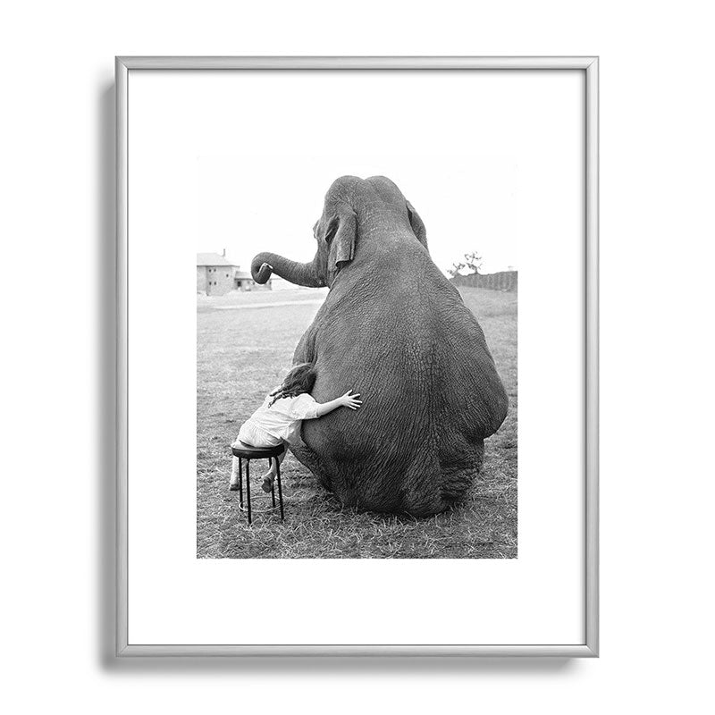 Odd Best Friends, Sweet Little Girl hugging elephant black and white photograph Framed Art Print Gallery Image 129