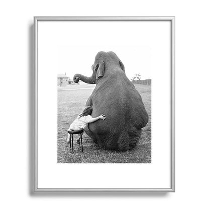 Odd Best Friends, Sweet Little Girl hugging elephant black and white photograph Framed Art Print Gallery Image 131