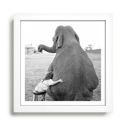 Odd Best Friends, Sweet Little Girl hugging elephant black and white photograph Framed Art Print Gallery Image 35